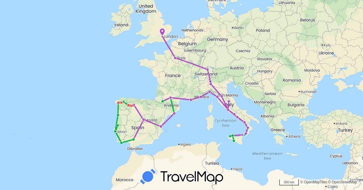 TravelMap itinerary: driving, bus, train, hiking, boat in Switzerland, Spain, France, United Kingdom, Italy, Portugal (Europe)